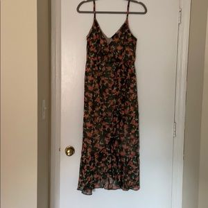 Green and pink ruffled midi dress